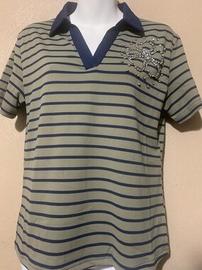 On Twelfth size S Olive & Navy Striped Polo Top with Embellished Detail NWOT